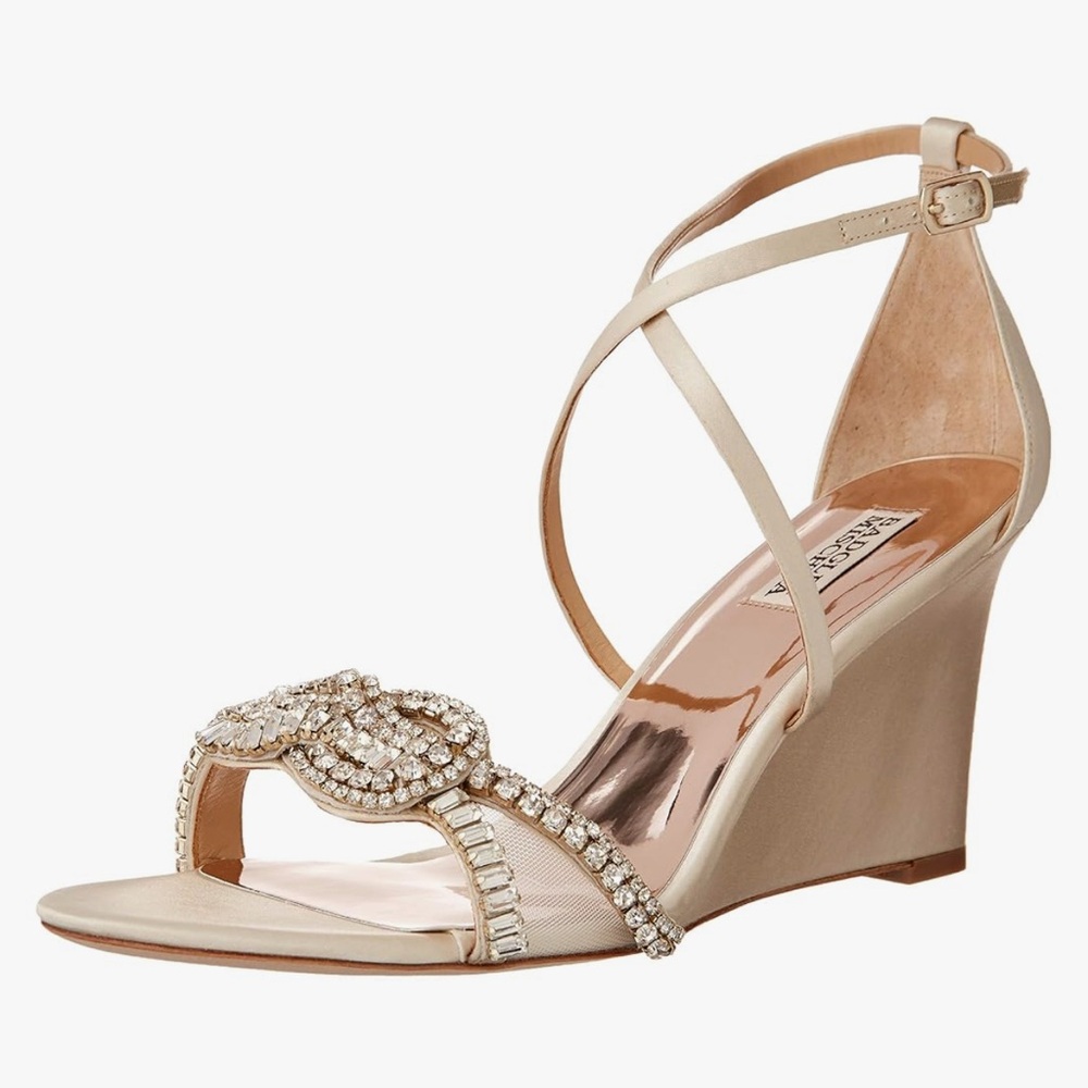 Badgley Mischka Satin Heels with Crystal Embellishments - Cream